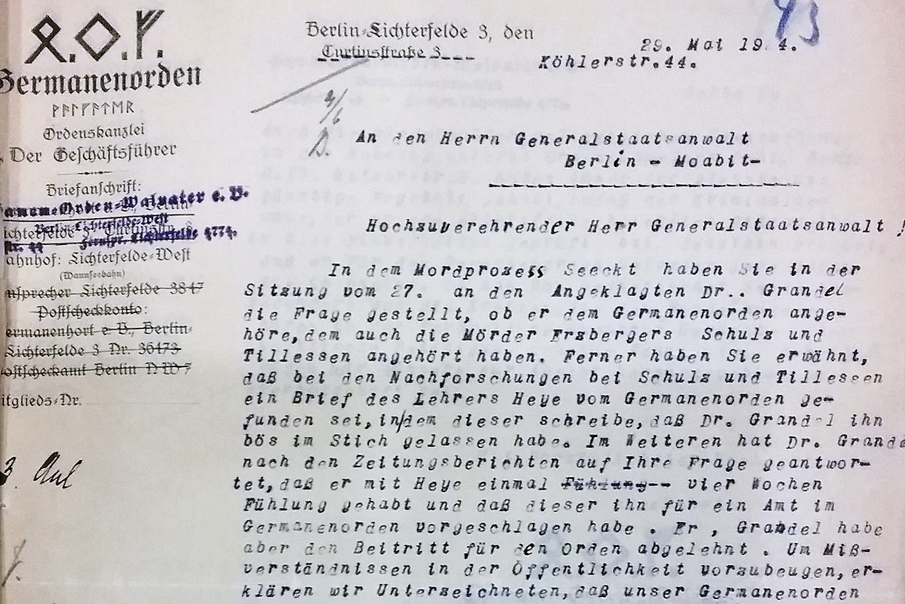 Schreiben des Germanen-Ordens an den Berliner Generalstaatsanwalt