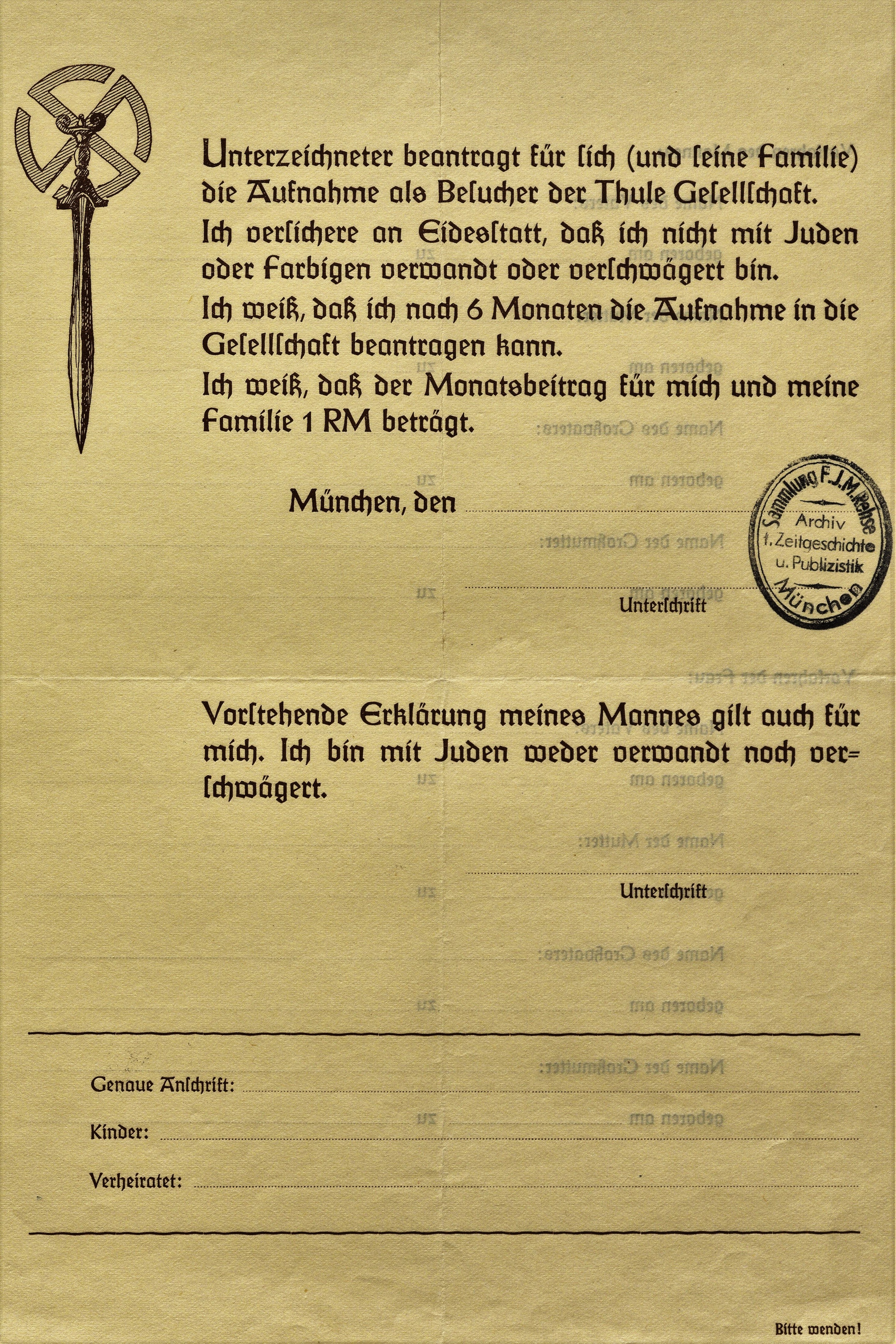 Arier-Nachweis f&uuml;r die Thule-Gesellschaft